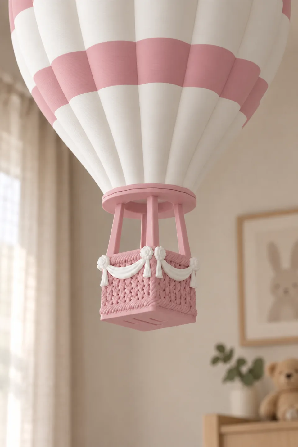 Pudra Pembe Sıcak Hava Balonu Avize sepet ve süsleme yakın detayı