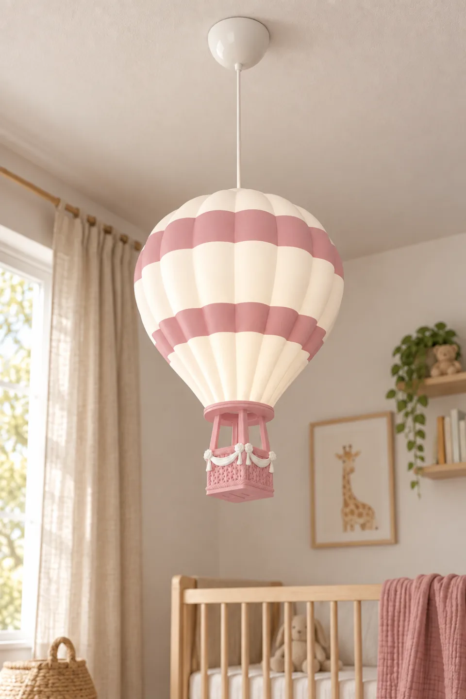Pudra Pembe Sıcak Hava Balonu Avize gün ışığı alan bebek odasında